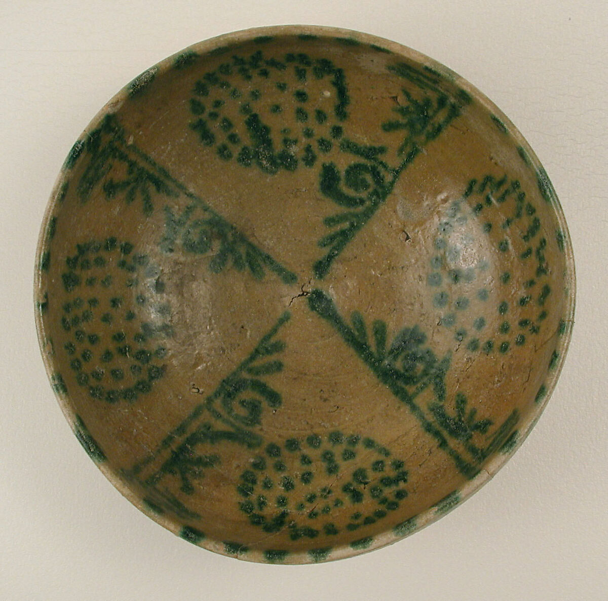 Bowl with Green Pseudo-Inscriptions and Clusters of Spots, Earthenware; yellow slip with green decoration under transparent glaze 