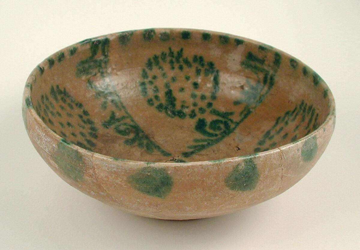 Bowl with Green Pseudo-Inscriptions and Clusters of Spots, Earthenware; yellow slip with green decoration under transparent glaze