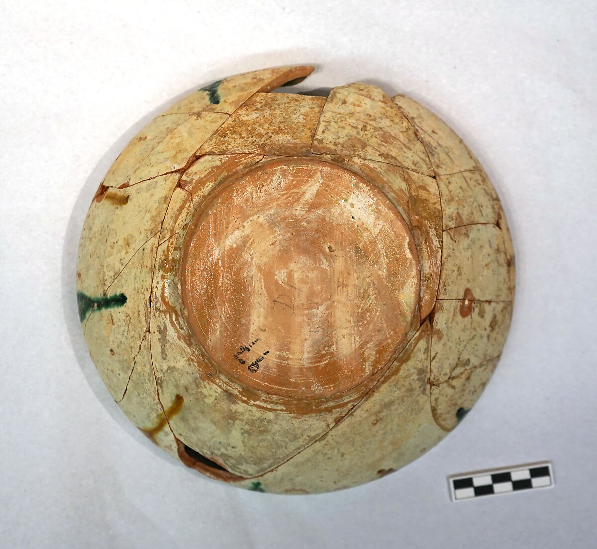 Bowl, Earthenware; white slip, incised and splashed with polychrome glazes under transparent glaze (sgraffito ware)