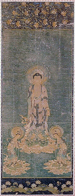 Welcoming Descent of Amida, the Buddha of Limitless Light, with Bodhisattvas Kannon and Seishi, Framed panel; embroidered silk and possibly human hair, Japan 