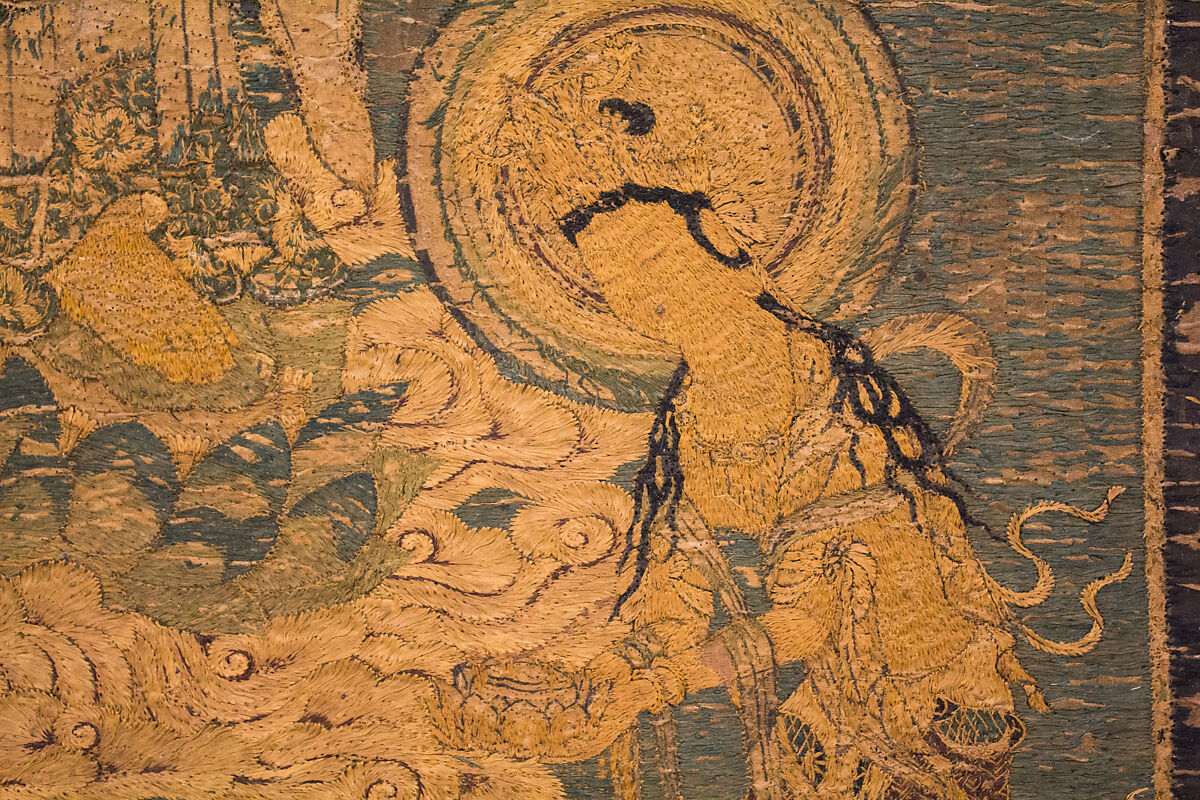 Welcoming Descent of Amida, the Buddha of Limitless Light, with Bodhisattvas Kannon and Seishi, Framed panel; embroidered silk and possibly human hair, Japan