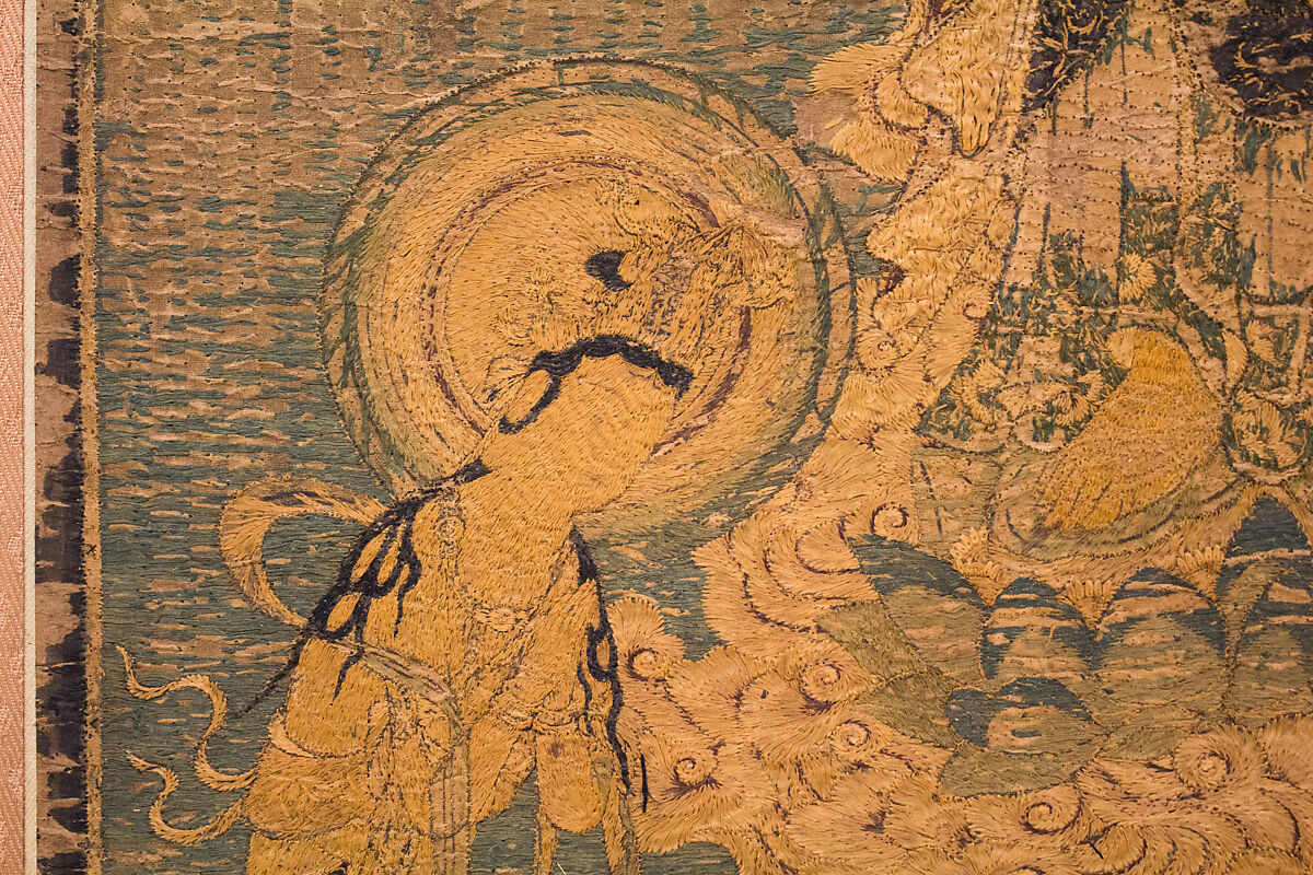 Welcoming Descent of Amida, the Buddha of Limitless Light, with Bodhisattvas Kannon and Seishi, Framed panel; embroidered silk and possibly human hair, Japan