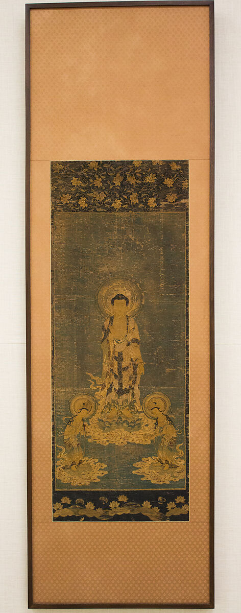 Welcoming Descent of Amida, the Buddha of Limitless Light, with Bodhisattvas Kannon and Seishi, Framed panel; embroidered silk and possibly human hair, Japan