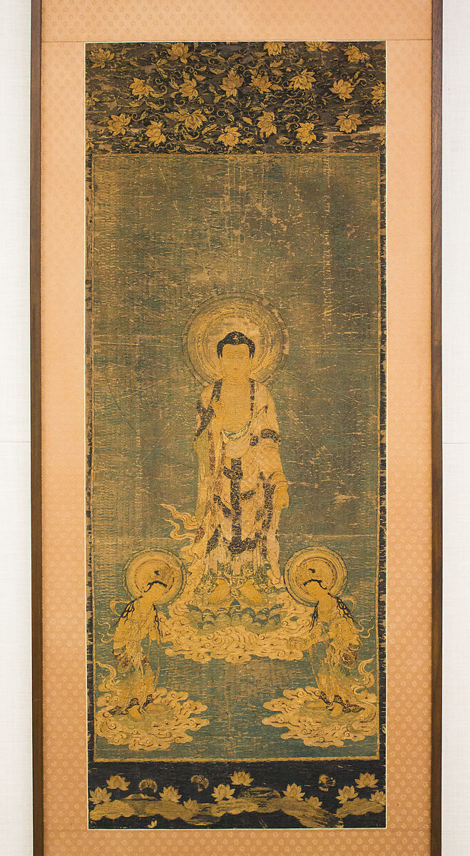 Welcoming Descent of Amida, the Buddha of Limitless Light, with Bodhisattvas Kannon and Seishi, Framed panel; embroidered silk and possibly human hair, Japan