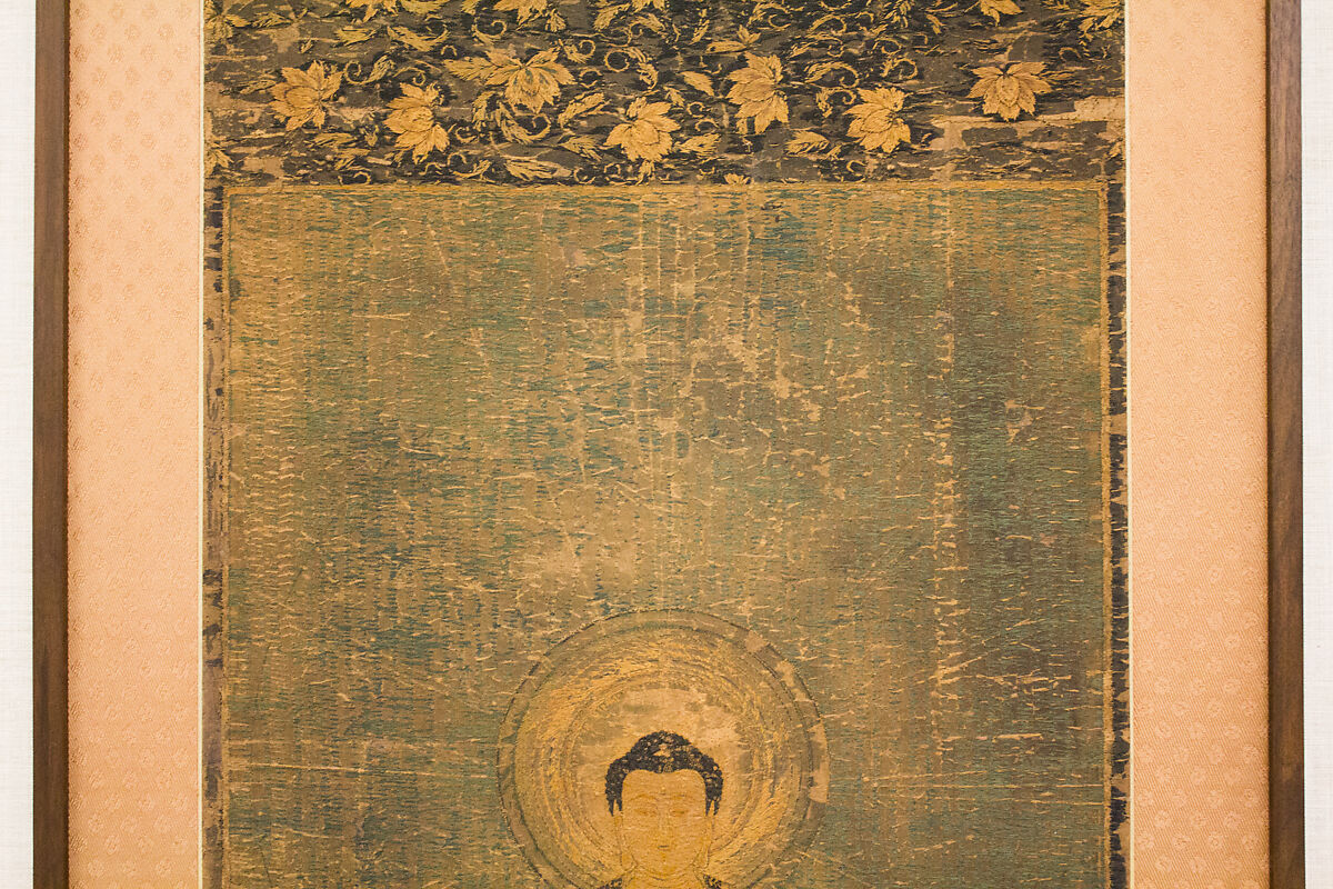 Welcoming Descent of Amida, the Buddha of Limitless Light, with Bodhisattvas Kannon and Seishi, Framed panel; embroidered silk and possibly human hair, Japan
