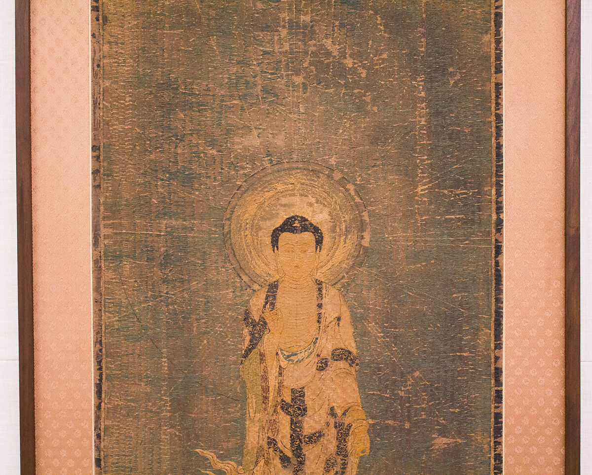 Welcoming Descent of Amida, the Buddha of Limitless Light, with Bodhisattvas Kannon and Seishi, Framed panel; embroidered silk and possibly human hair, Japan
