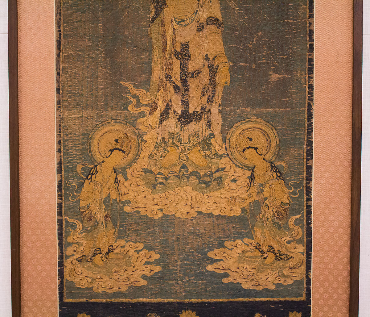 Welcoming Descent of Amida, the Buddha of Limitless Light, with Bodhisattvas Kannon and Seishi, Framed panel; embroidered silk and possibly human hair, Japan