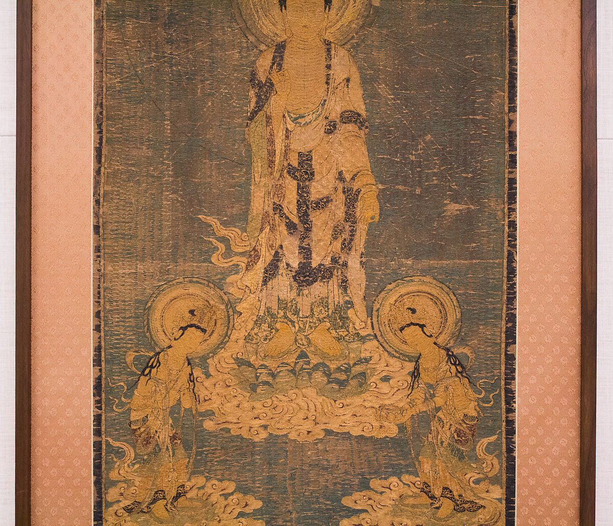 Welcoming Descent of Amida, the Buddha of Limitless Light, with Bodhisattvas Kannon and Seishi, Framed panel; embroidered silk and possibly human hair, Japan