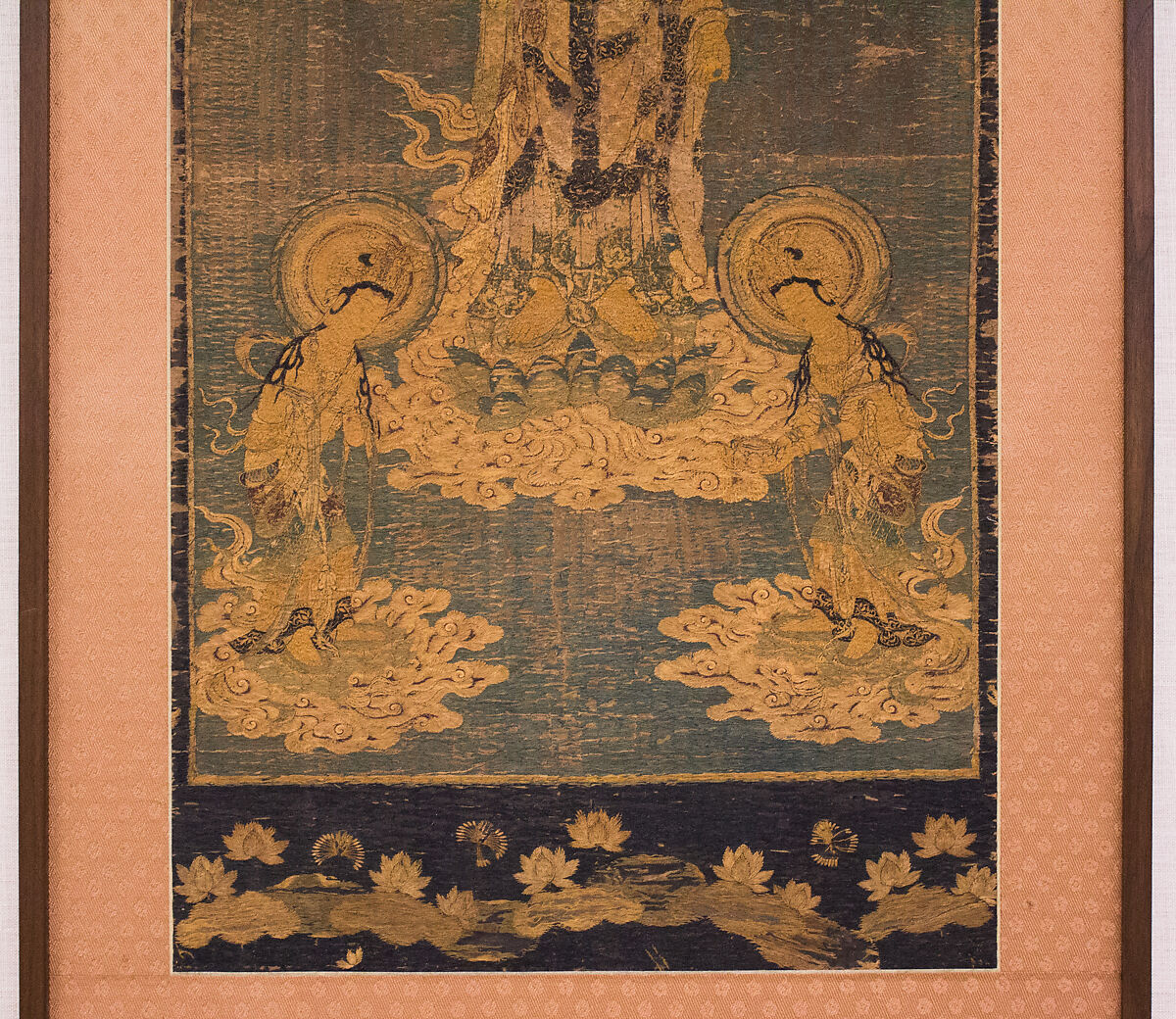 Welcoming Descent of Amida, the Buddha of Limitless Light, with Bodhisattvas Kannon and Seishi, Framed panel; embroidered silk and possibly human hair, Japan