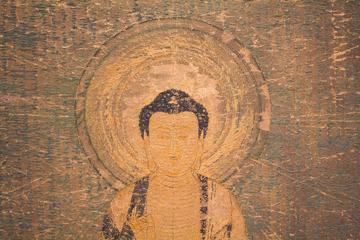 Welcoming Descent of Amida, the Buddha of Limitless Light, with Bodhisattvas Kannon and Seishi, Framed panel; embroidered silk and possibly human hair, Japan