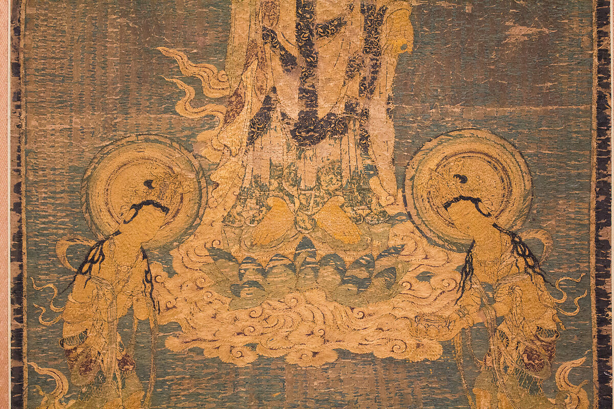 Welcoming Descent of Amida, the Buddha of Limitless Light, with Bodhisattvas Kannon and Seishi, Framed panel; embroidered silk and possibly human hair, Japan