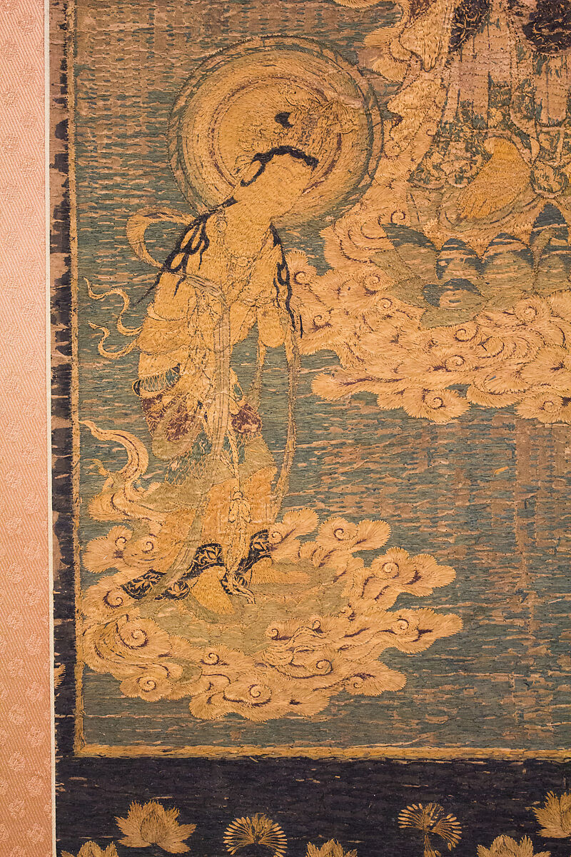 Welcoming Descent of Amida, the Buddha of Limitless Light, with Bodhisattvas Kannon and Seishi, Framed panel; embroidered silk and possibly human hair, Japan