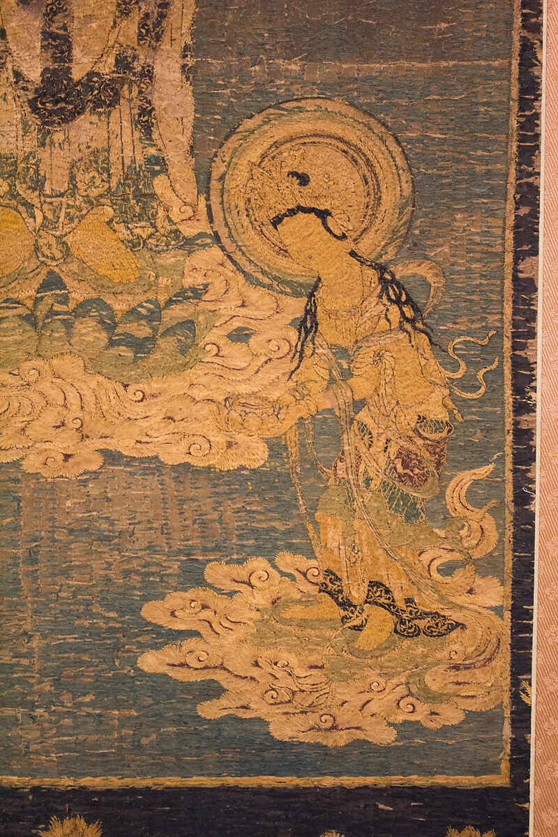 Welcoming Descent of Amida, the Buddha of Limitless Light, with Bodhisattvas Kannon and Seishi, Framed panel; embroidered silk and possibly human hair, Japan