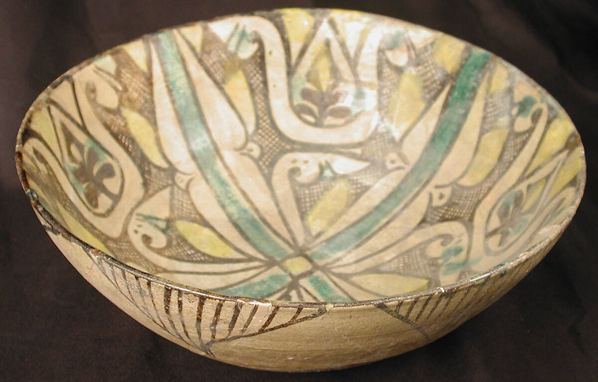 Buff Ware Bowl with Geometric Patterns, Earthenware; polychrome decoration under transparent glaze (buff ware)