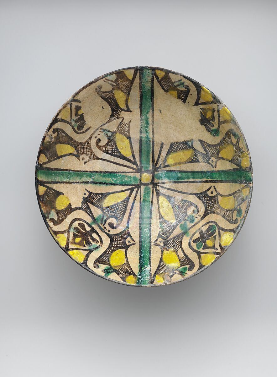 Buff Ware Bowl with Geometric Patterns, Earthenware; polychrome decoration under transparent glaze (buff ware) 