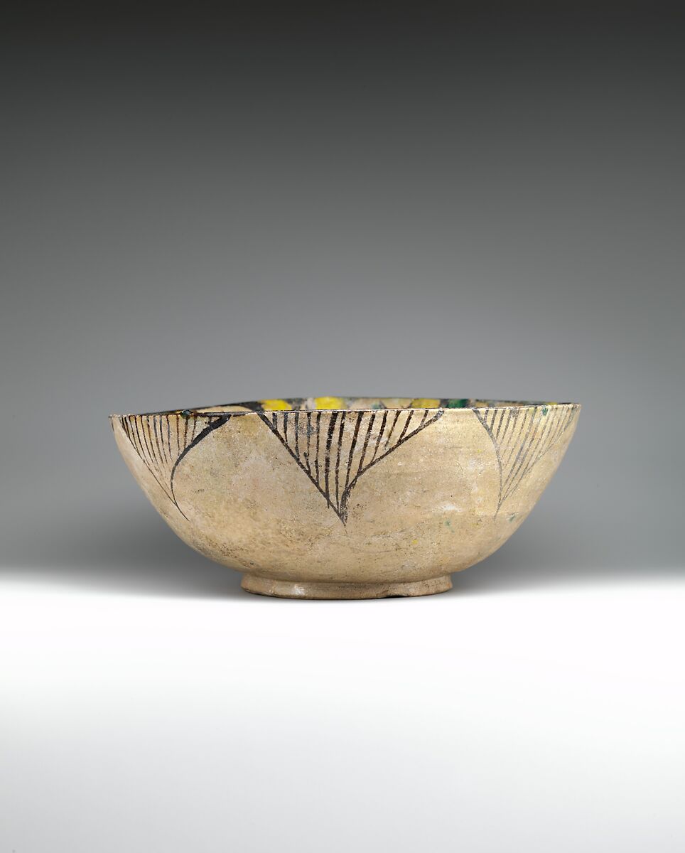 Buff Ware Bowl with Geometric Patterns, Earthenware; polychrome decoration under transparent glaze (buff ware)
