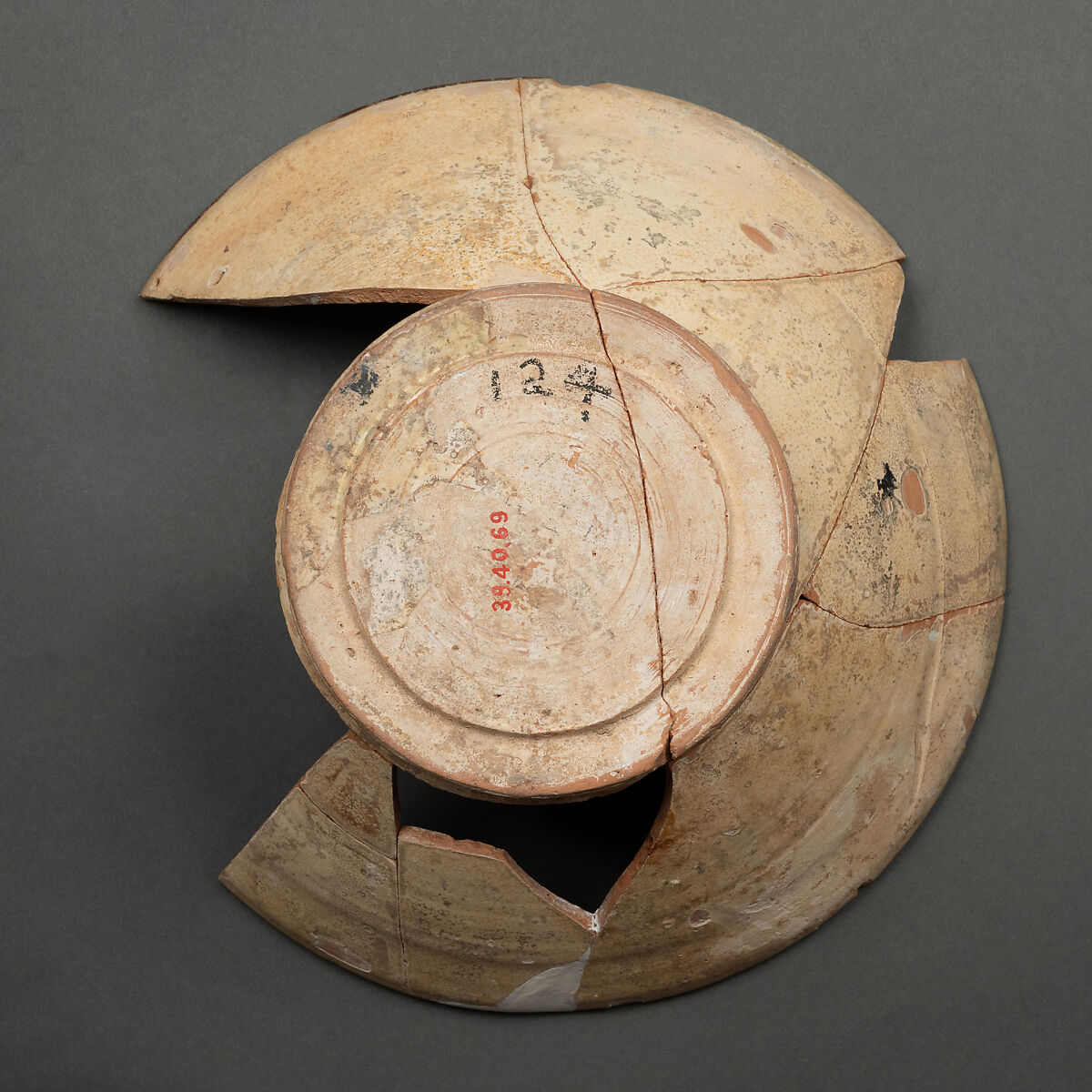 Bowl, Earthenware; white slip, decoration in black, glazed