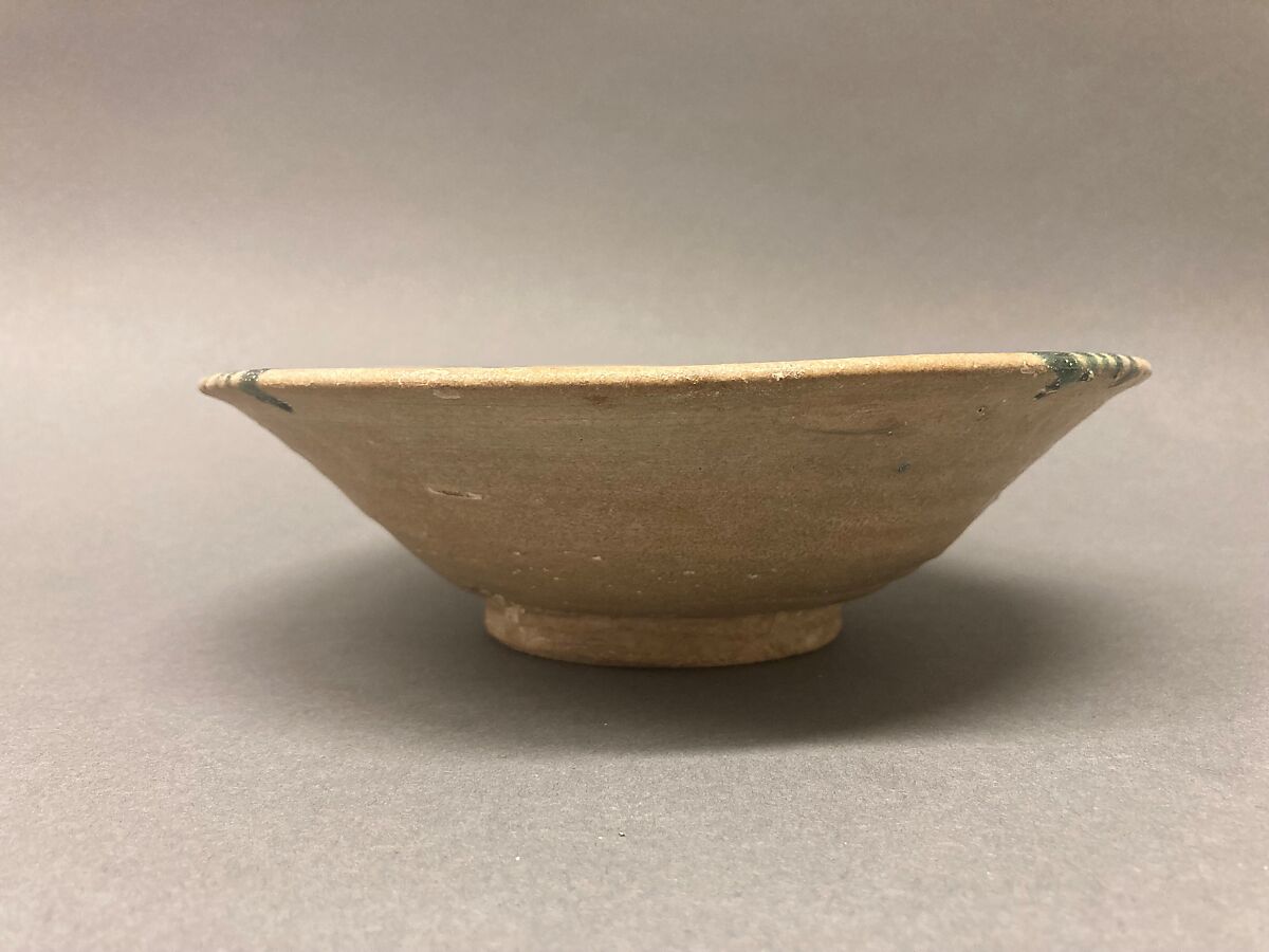 Bowl, Earthenware; buff slip, splashed polychrome glazes