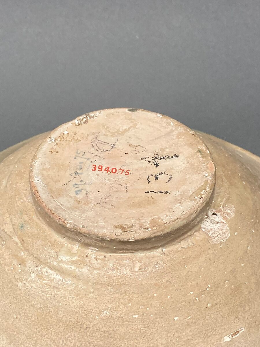 Bowl, Earthenware; buff slip, splashed polychrome glazes