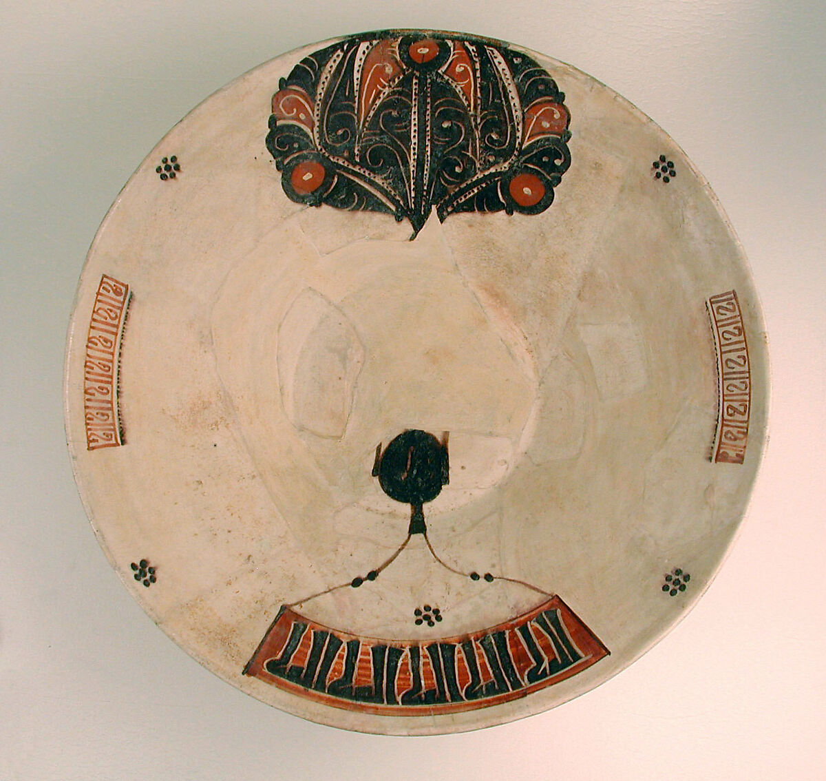 Bowl, Earthenware; white slip with incised polychrome slip decoration under transparent glaze 