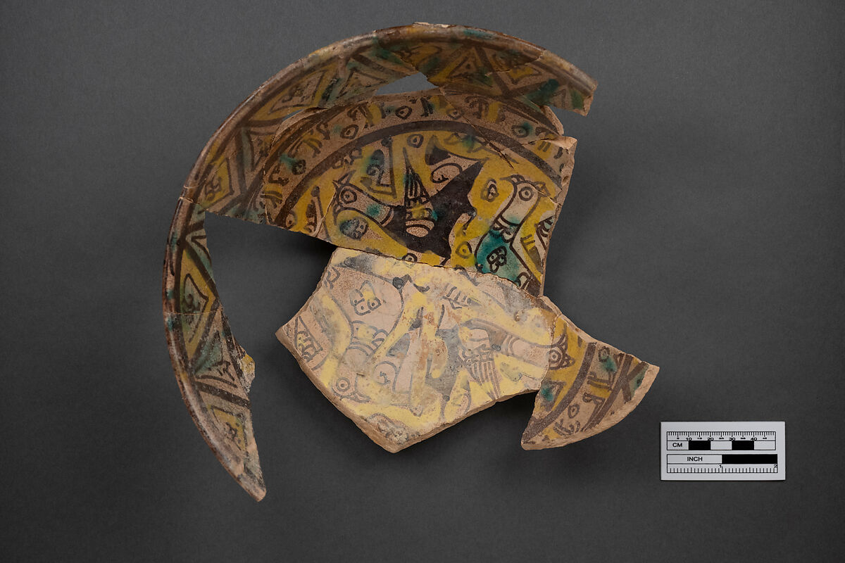 Bowl, Earthenware; painted in black slip and polychrome pigments under transparent colorless glaze (buff ware)