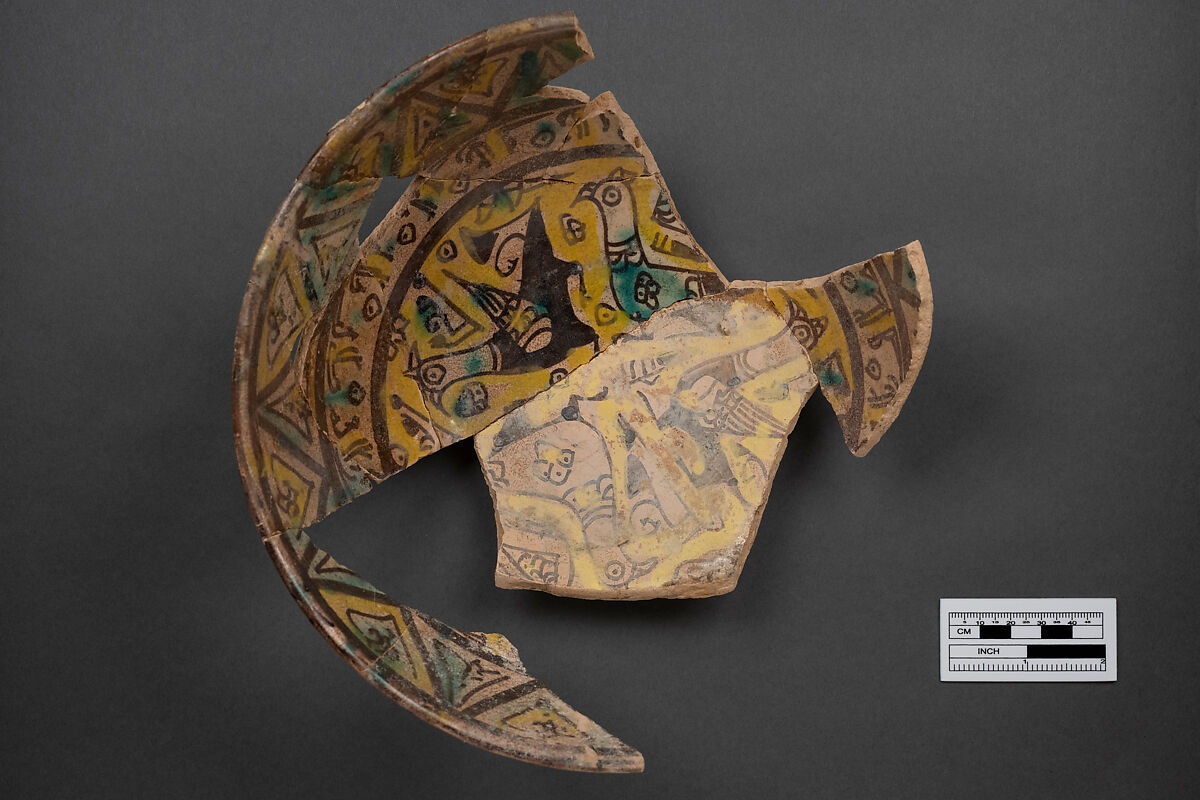 Bowl, Earthenware; painted in black slip and polychrome pigments under transparent colorless glaze (buff ware)
