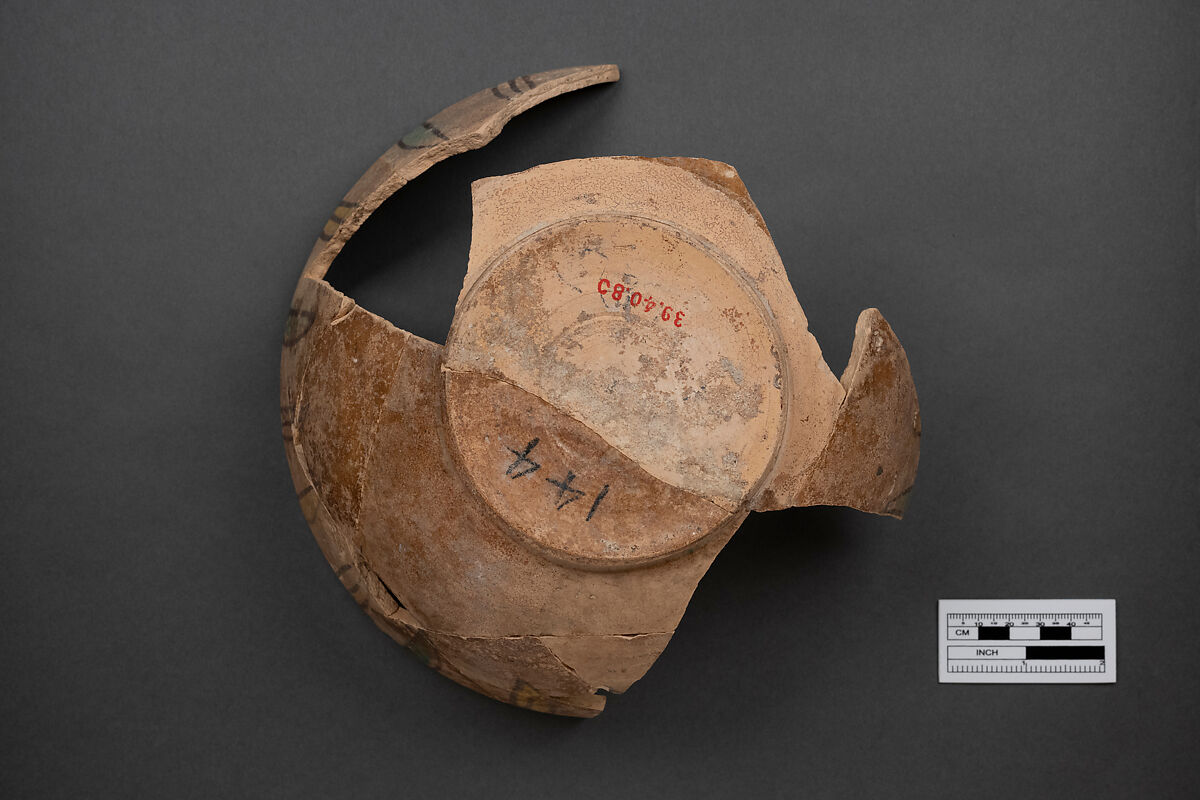 Bowl, Earthenware; painted in black slip and polychrome pigments under transparent colorless glaze (buff ware)