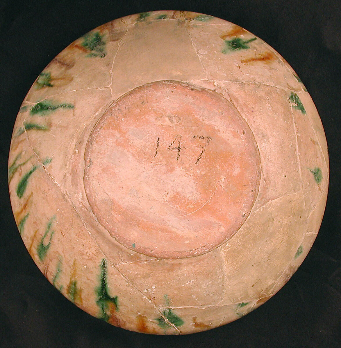 Bowl, Earthenware; white slip, incised and splashed with polychrome glazes under transparent glaze (sgraffito ware)