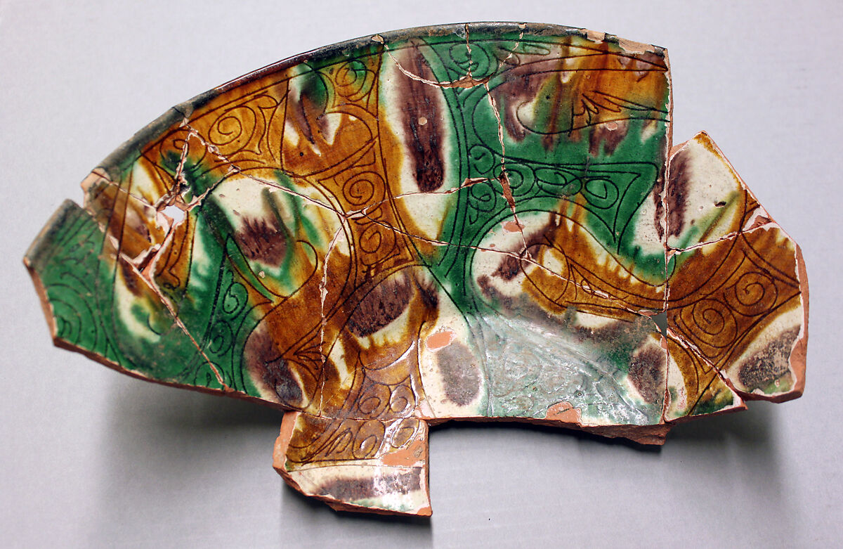 Fragment of a Bowl, Earthenware; red slip, polychrome slip decoration under transparent glaze