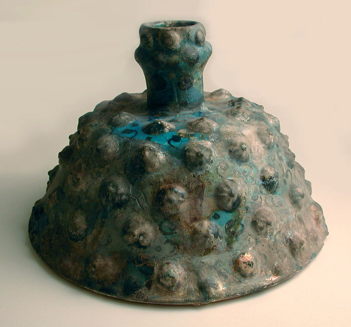 Embossed Candlestick, Stonepaste; applied decoration, monochrome painted under turquoise glaze
