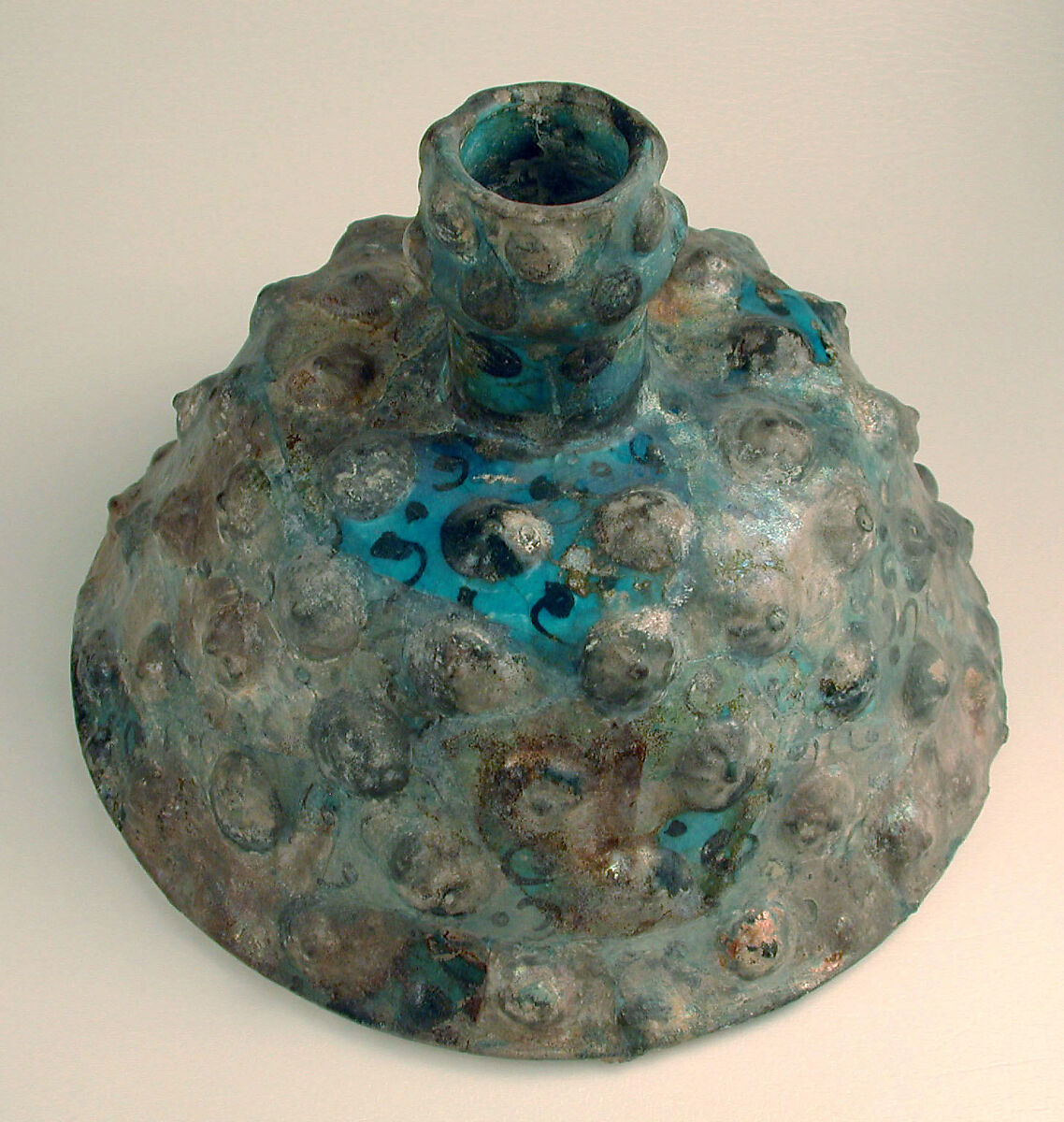 Embossed Candlestick, Stonepaste; applied decoration, monochrome painted under turquoise glaze