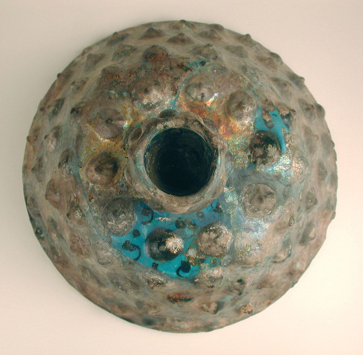 Embossed Candlestick, Stonepaste; applied decoration, monochrome painted under turquoise glaze