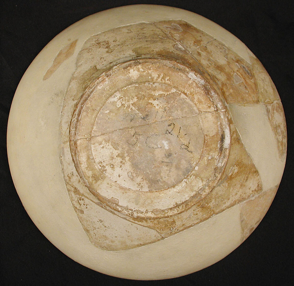 Bowl, Earthenware; white slip, decoration in black, glazed