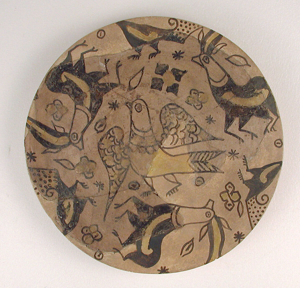 Base of a Footed Buff Ware Vessel, Earthenware; polychrome decoration under transparent glaze (buff ware)