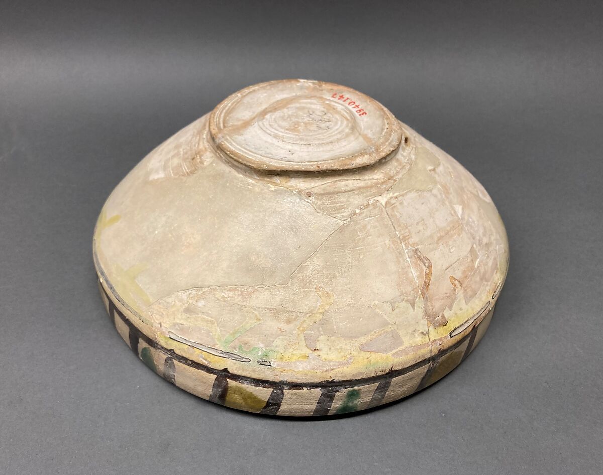 Dish, Earthenware; brown-black slip, green slip decoration under glaze