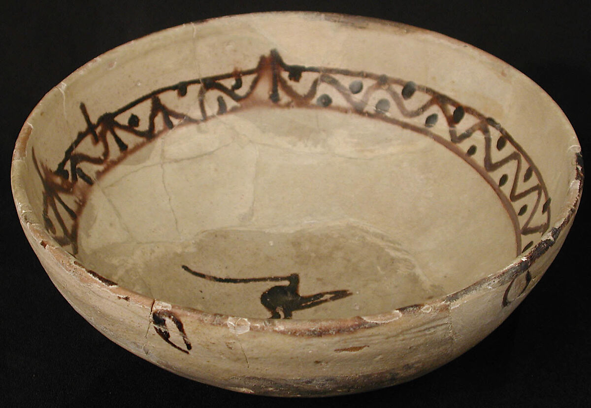 Bowl, Earthenware; white slip, slip decoration under glaze 