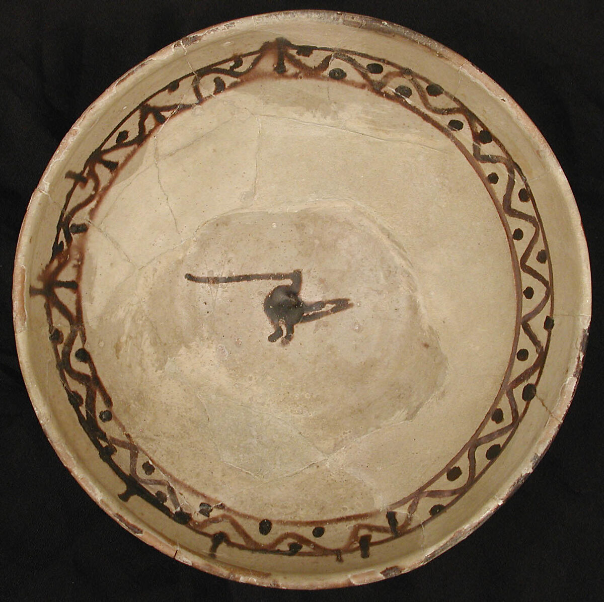 Bowl, Earthenware; white slip, slip decoration under glaze