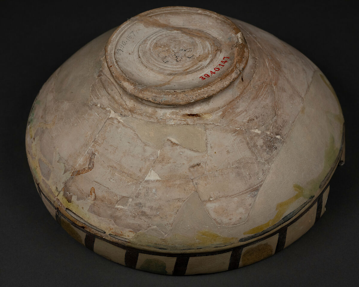 Bowl, Earthenware; slip covered, splashed and painted with polychrome glazes (buff ware)