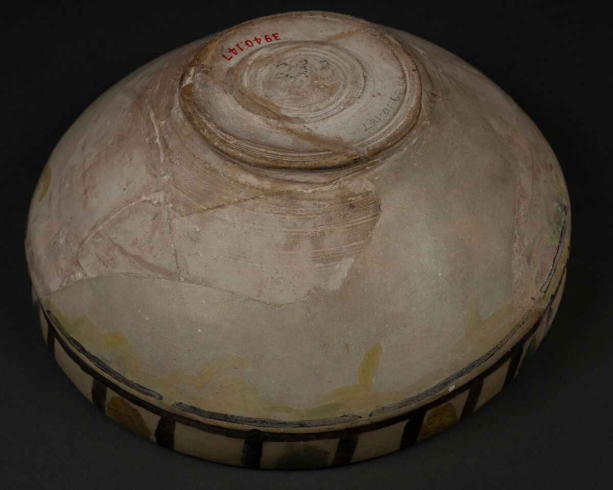 Bowl, Earthenware; slip covered, splashed and painted with polychrome glazes (buff ware)