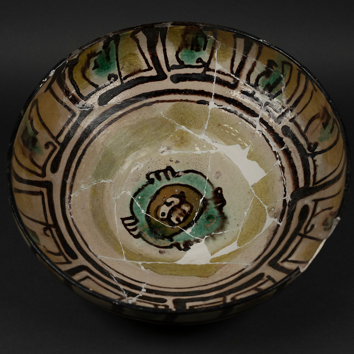 Bowl, Earthenware; slip covered, splashed and painted with polychrome glazes (buff ware)