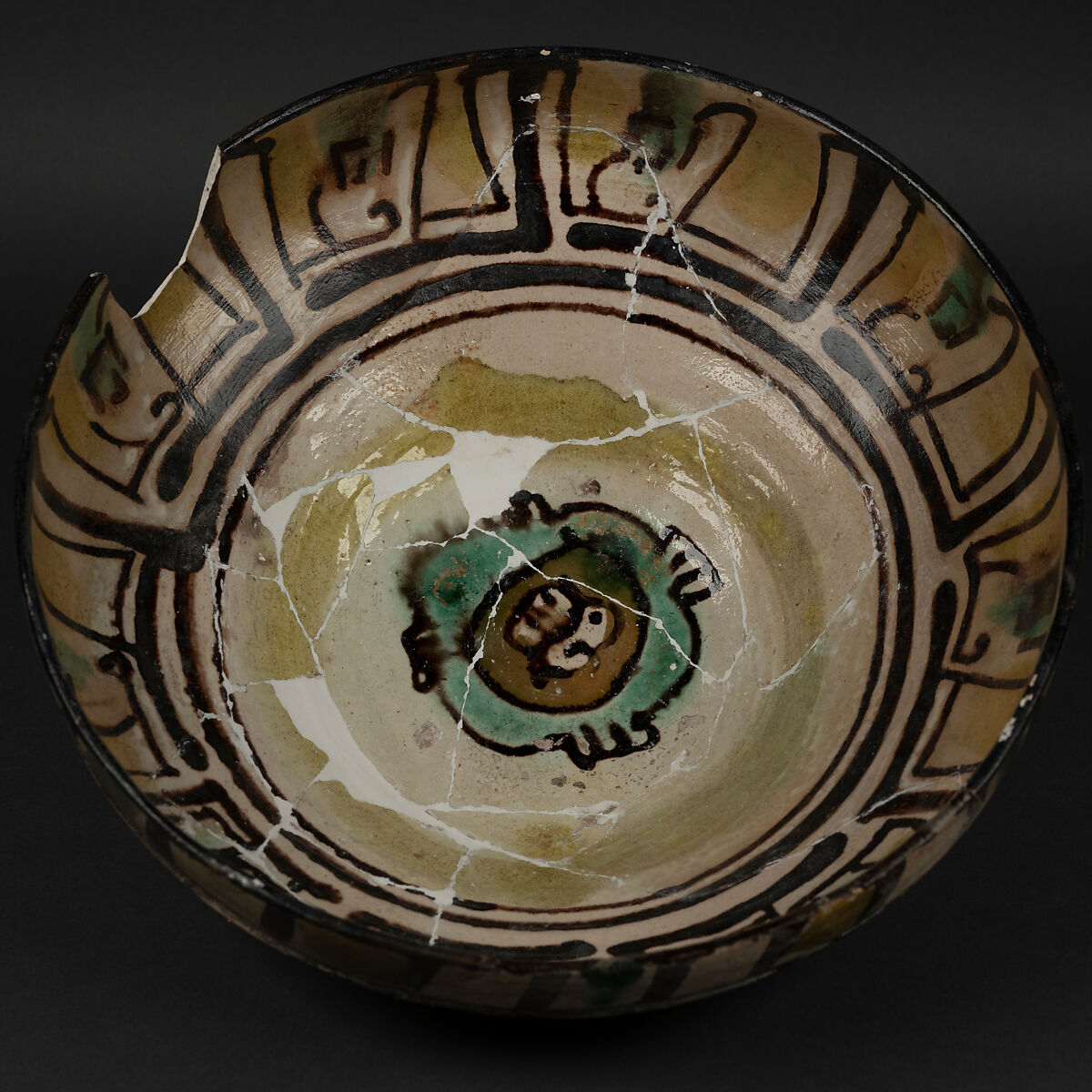 Bowl, Earthenware; slip covered, splashed and painted with polychrome glazes (buff ware) 