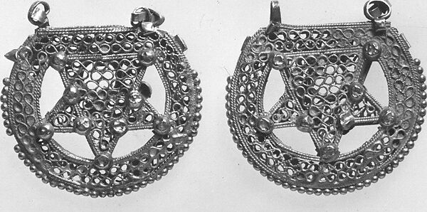 Earring, One of a Pair, Gold, filigree, decorated with granulation, and originally set with stones
