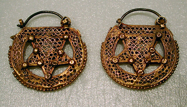 Earring, One of a Pair, Gold, filigree, decorated with granulation, and originally set with stones 