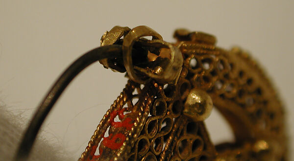 Earring, One of a Pair, Gold, filigree, decorated with granulation, and originally set with stones