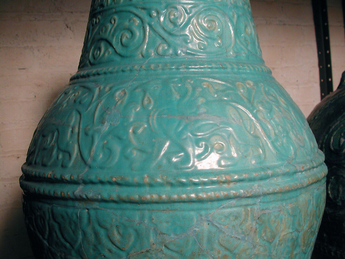 Large Turquoise Jar, Earthenware; molded and glazed