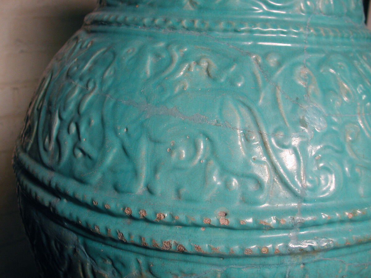 Large Turquoise Jar, Earthenware; molded and glazed