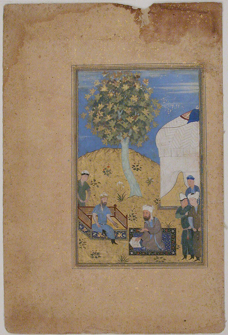 "Sultan Listening to a Man Reading from a Manuscript", Folio from a Manuscript by Mir Ali Shir Nava'i, Attributed to Mir Ali Shir Nava&#39;i (present-day Afghanistan, Herat 1441–1501 Herat), Ink, opaque watercolor, and gold on paper 
