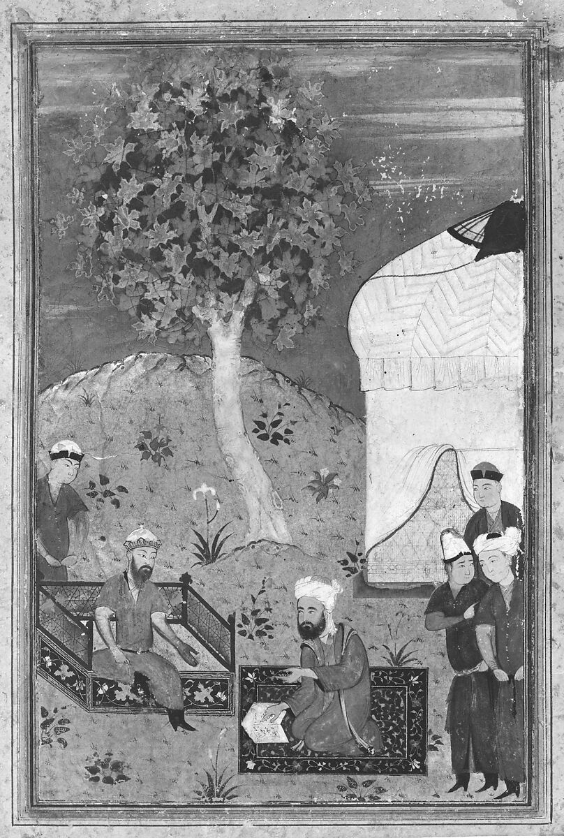 "Sultan Listening to a Man Reading from a Manuscript", Folio from a Manuscript by Mir Ali Shir Nava'i, Attributed to Mir Ali Shir Nava'i (present-day Afghanistan, Herat 1441–1501 Herat), Ink, opaque watercolor, and gold on paper