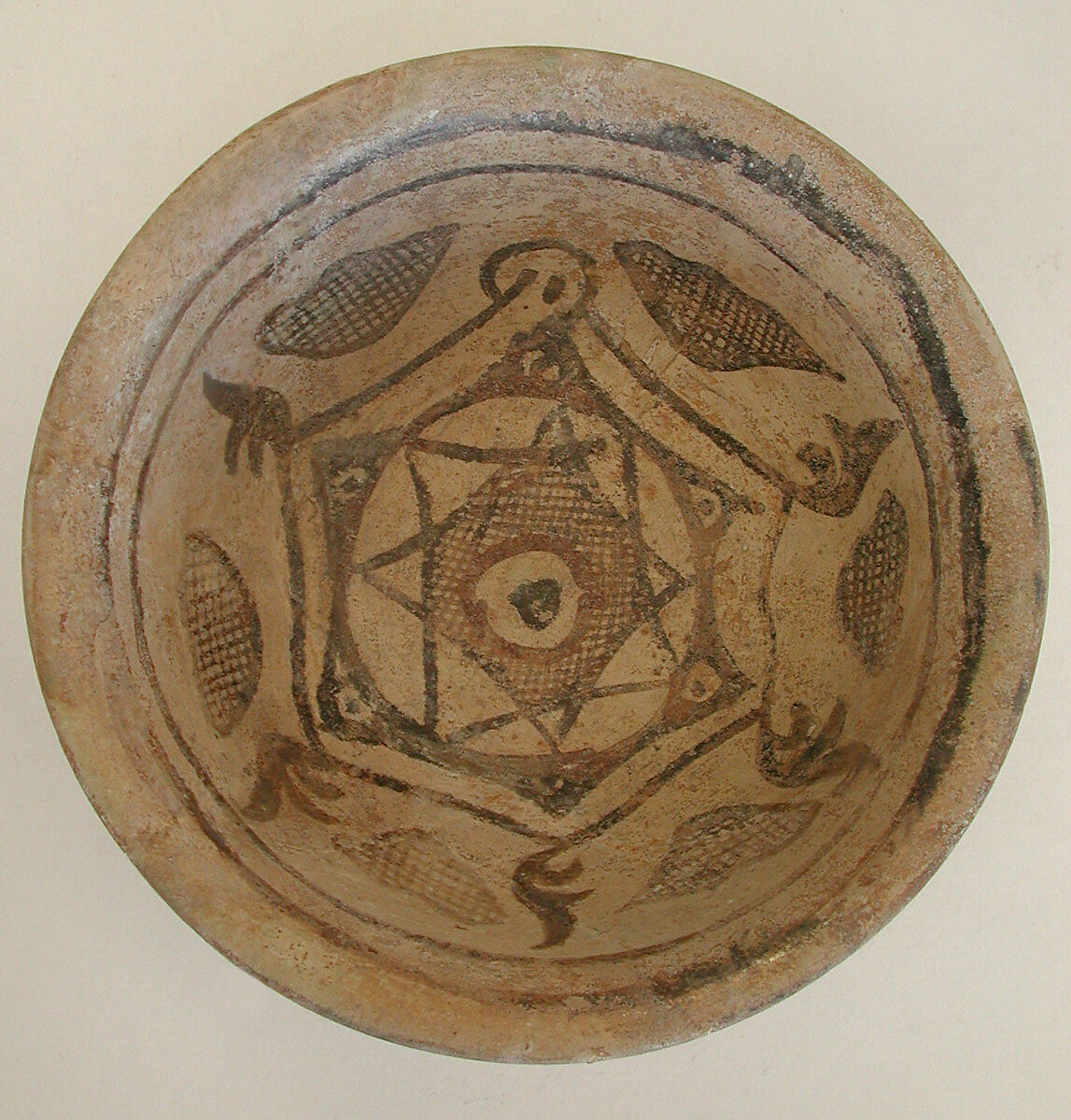 Bowl with Eight-Pointed Star, Earthenware; polychrome slip decoration under transparent glaze