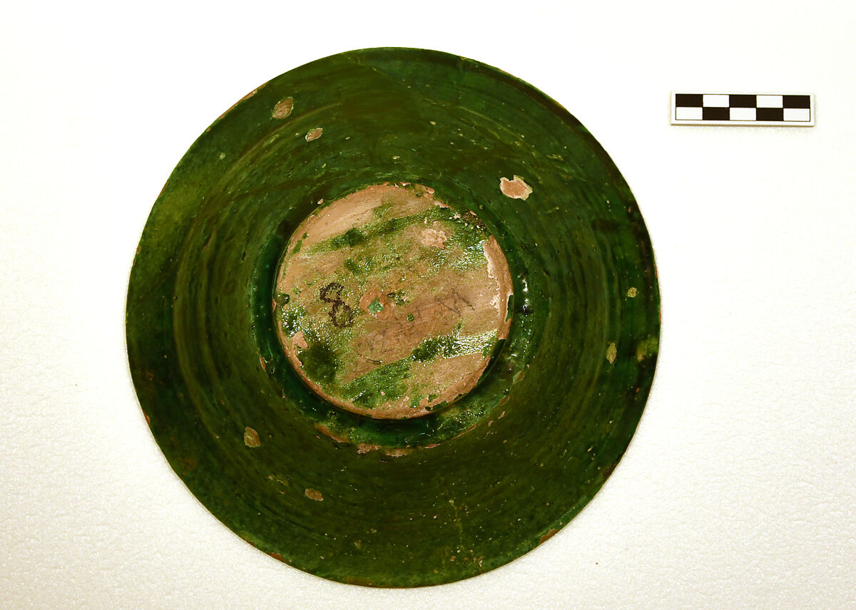 Bowl, Earthenware; white slip, incised under dark green glaze